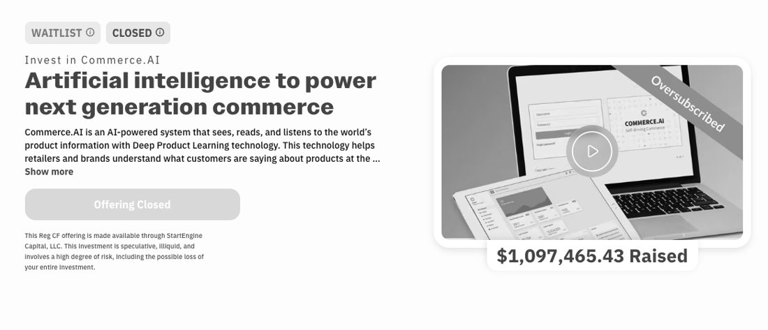 Commerce.AI crowdfunding raise, $1,097,465 raised